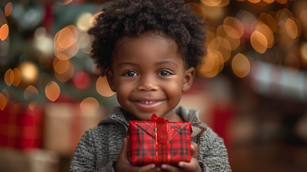 Criança segurando uma caixa de presentes na frente da árvore de Natal