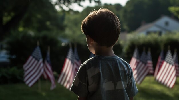 Criança sentada perto de lápides com bandeiras americanas com o dia dos veteranos