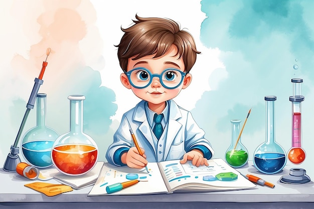 criança simpática cientista ilustração vetorial em estilo aquarela