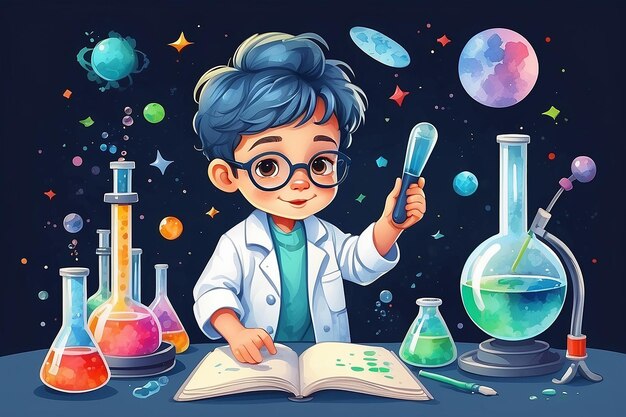 criança simpática cientista ilustração vetorial em estilo aquarela