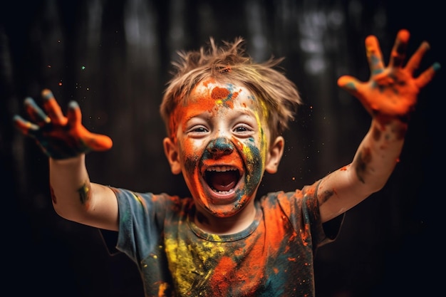 Criança sincera com uma expressão boba e animada pintando alegremente com pintura facial