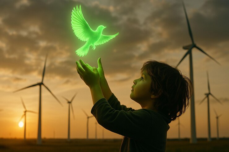 Foto criança solta pássaro brilhante no céu da turbina de vento