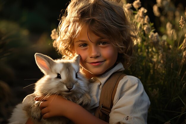 Criança sorridente acaricia coelho bonito IA generativo
