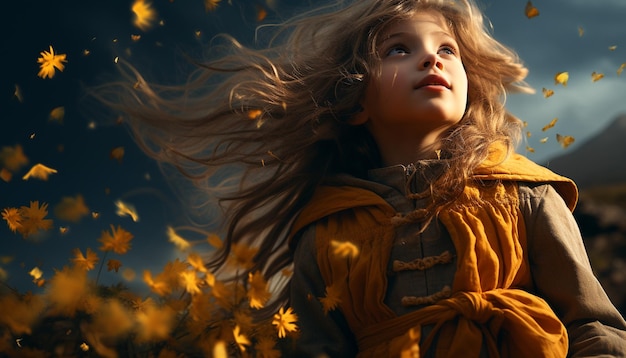 Criança sorridente aproveita o outono ao ar livre cercada pela beleza da natureza gerada pela inteligência artificial