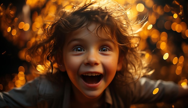 Criança sorridente aproveitando a divertida noite de inverno debaixo de uma árvore gerada por IA