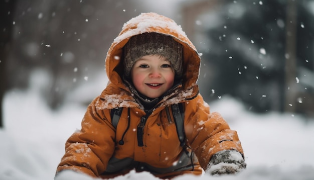 Criança sorridente brinca na beleza da floresta nevada gerada por IA