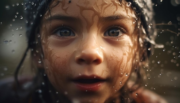 Criança sorridente brinca na chuva pura alegria gerada pela IA