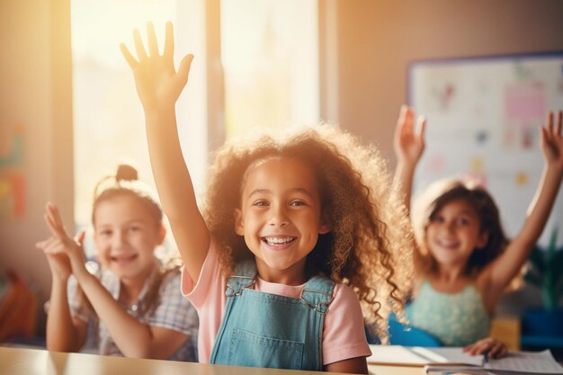 criança sorridente da escola alegre puxa as mãos para cima dentro do conceito de classe escolar moderna e brilhante ai