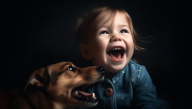 Criança sorridente e cachorrinho brincando de pura felicidade gerada por IA