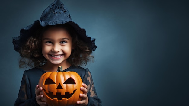 Criança sorridente em fantasia de bruxa para o Halloween no fundo do estúdio generativo AI Retrato de criança menina contra a parede azul Hallowen outono Octobrt e conceito de festa