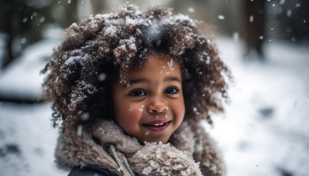 Criança sorridente em roupas quentes desfruta de neve gerada por IA