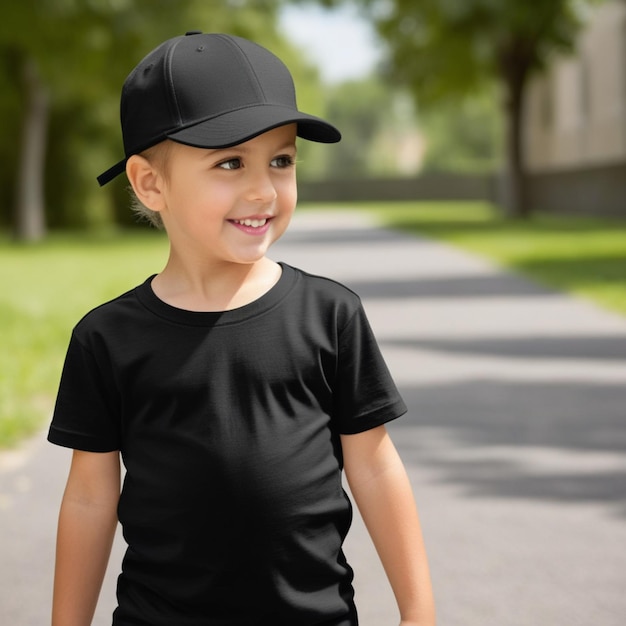 Foto criança sorridente em uma camiseta preta mock up