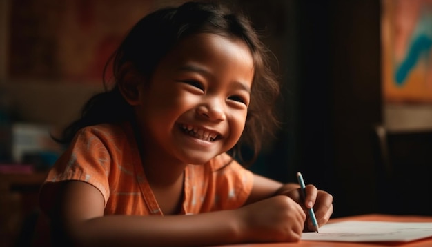 Criança sorridente estudando em uma pequena mesa dentro de casa gerada por IA