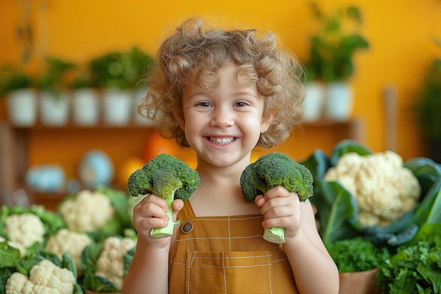 criança sorridente feliz menino criança segura nas mãos um legumes brócolis crianças alimentos de nutrição saudável