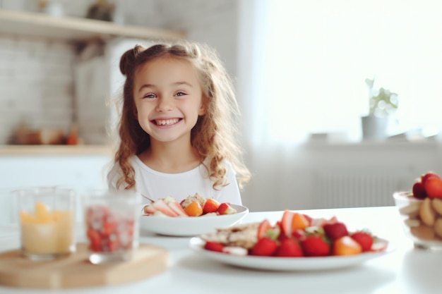 Criança sorridente feliz na mesa na cozinha com pequeno-almoço saudável pela manhã