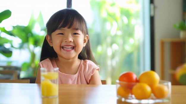 Criança sorridente feliz na mesa na cozinha com pequeno-almoço saudável pela manhã