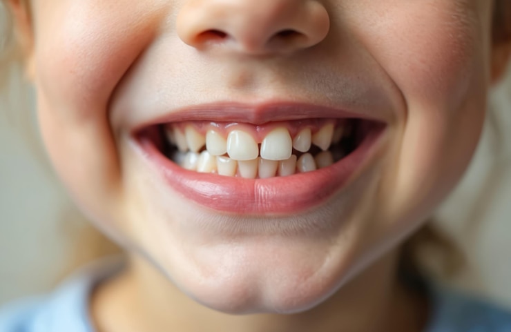 Foto criança sorridente mostra dentes com lacuna interdental menino mostra anomalias dentárias diastema boca