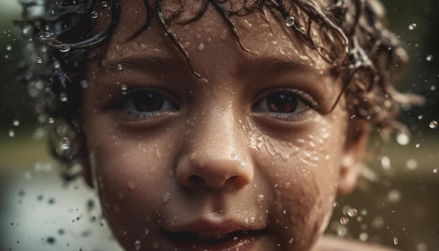 Criança sorridente se diverte com gotas de chuva de verão geradas por IA