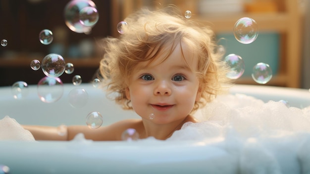 Criança sorridente toma banho na banheira com espuma e bolhas, feliz hora do banho do bebê
