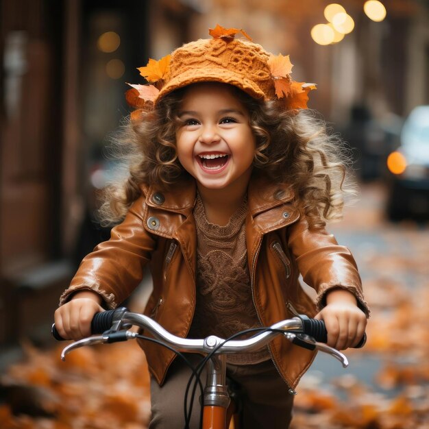 Criança sorrindo enquanto andava de bicicleta em um cenário de outono irradiando pura alegria