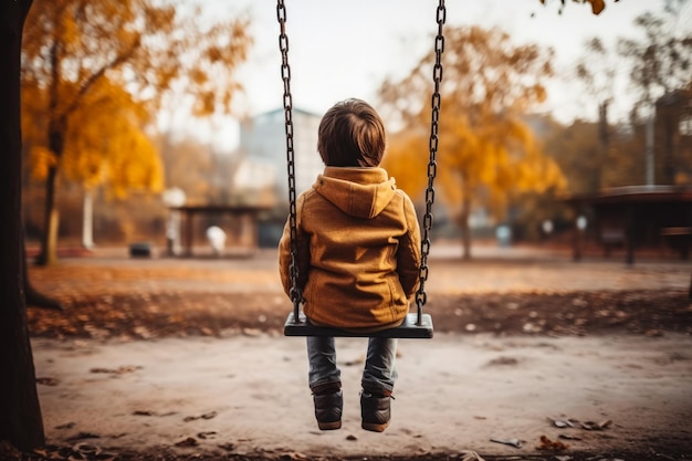 Criança sozinha no fundo do balanço do playground com espaço vazio para o texto