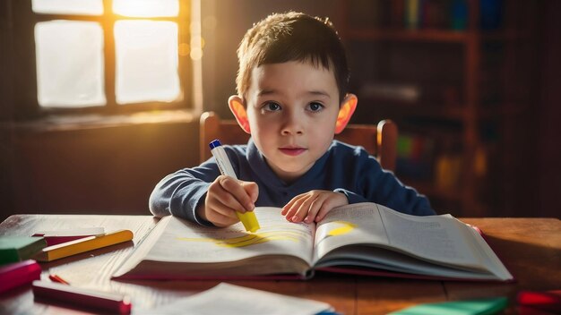 Criança sublinhando o livro