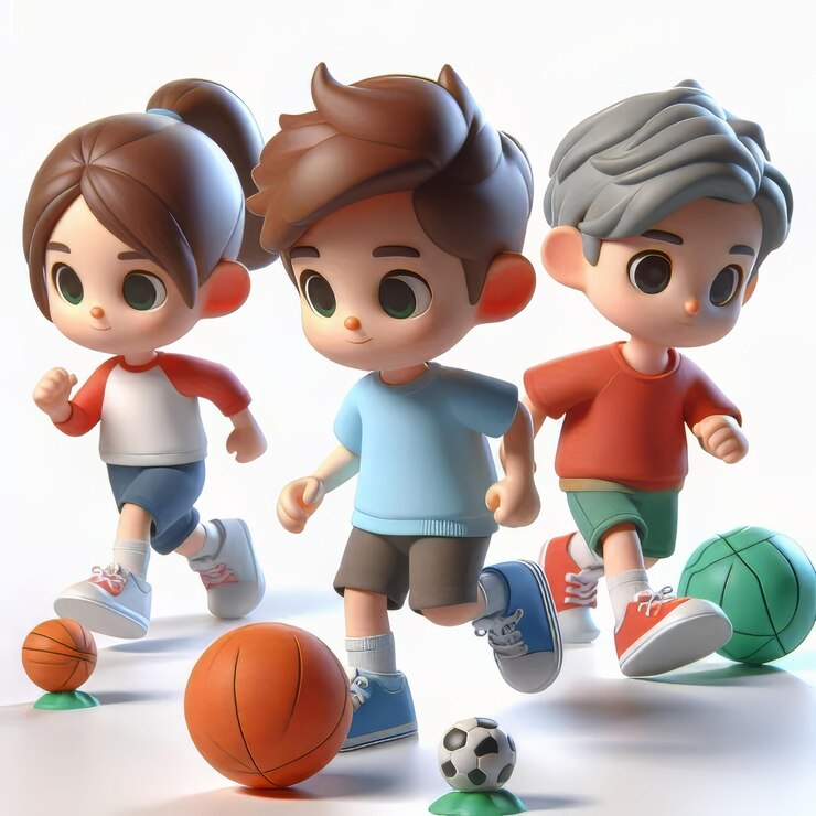 criança tridimensional jogando bola isolada em branco