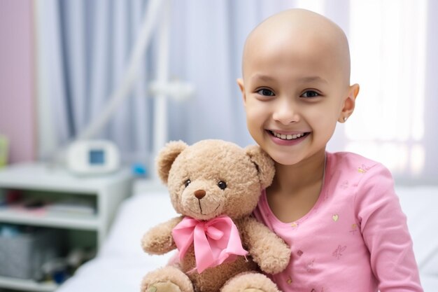 Foto criança triste com cancro a abraçar um brinquedo de pelúcia no hospital com gotejamento.