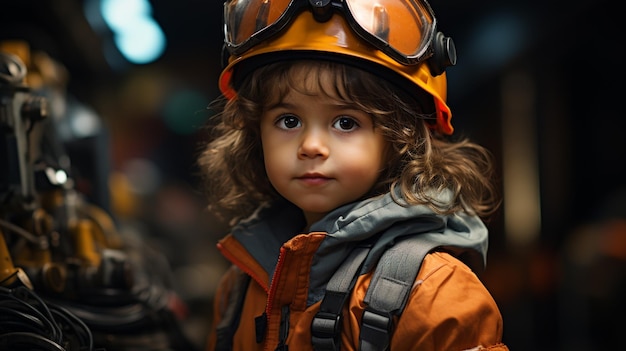 Foto criança usando capacete de construção