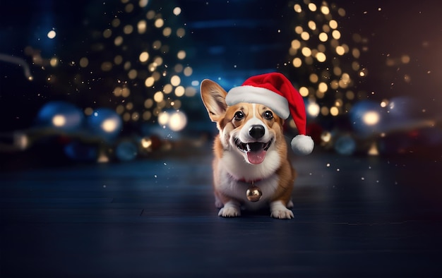 Criança usando um chapéu de Papai Noel e segurando uma caixa de presente de Natal em um fundo de inverno IA generativa