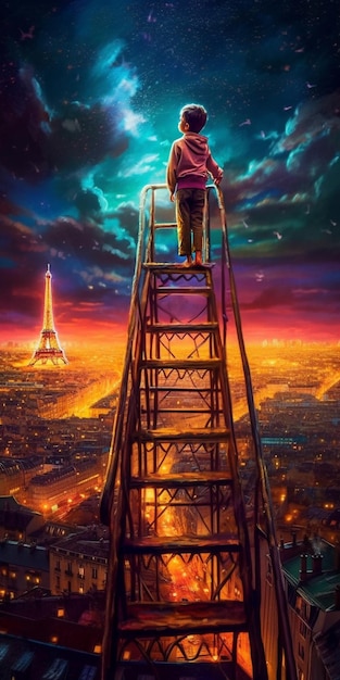 Criança vendo a Torre Eiffel de uma escada muito grande Imagem gerada por Ai France Ilustração