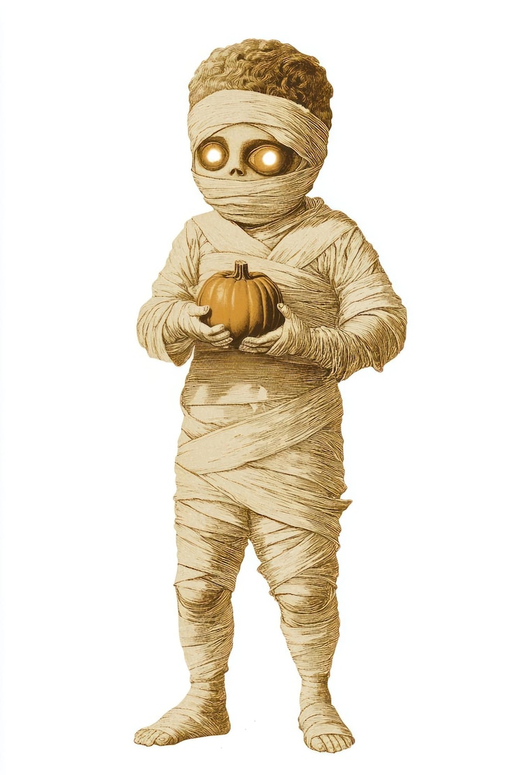 Foto criança vestida como uma múmia arte abóbora de halloween