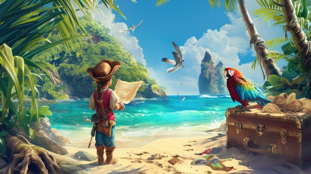 Criança vestindo uniforme de pirata enquanto olha para o mapa do tesouro na ilha aig