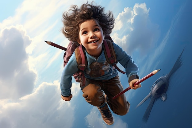 Criança voando em uma aventura mágica de lápis gerada por IA