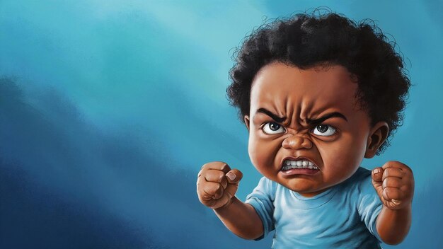 Foto criança zangada mostrando frustração e desacordo em fundo azul