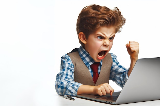 Criança zangada trabalhando em laptop isolada em fundo branco