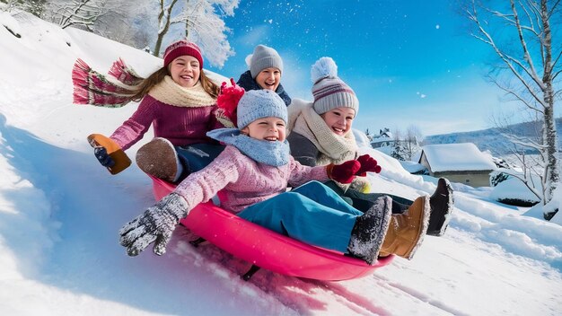 Foto crianças a andar de trenó na neve