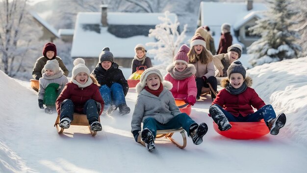 Foto crianças a andar de trenó na neve