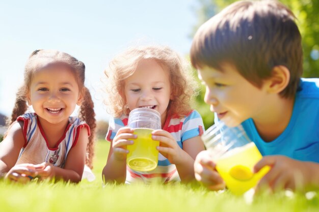 Foto crianças a beber limonada num dia ensolarado