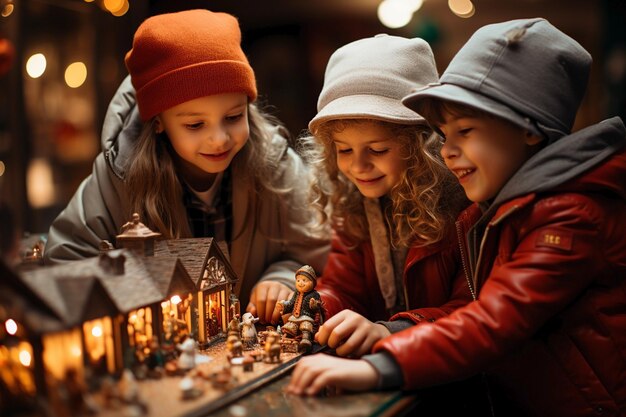 Crianças a brincar na loja de brinquedos no Natal.