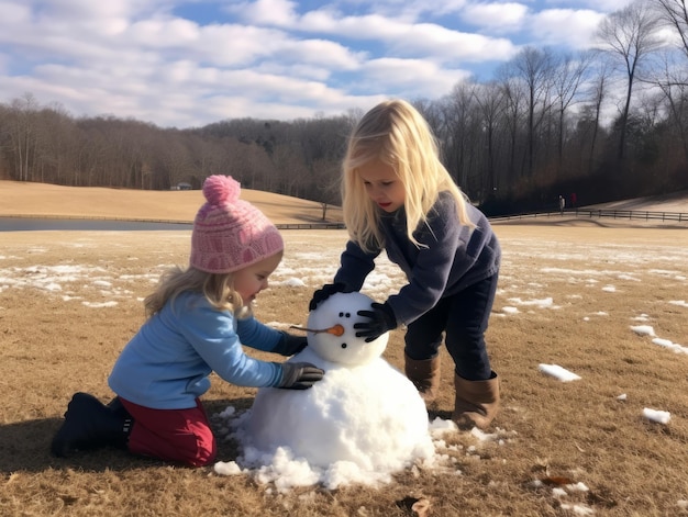 Crianças a construir um boneco de neve num dia de Inverno