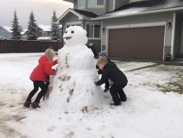 Crianças a construir um boneco de neve num dia de Inverno