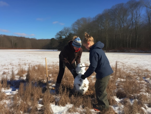 Crianças a construir um boneco de neve num dia de Inverno