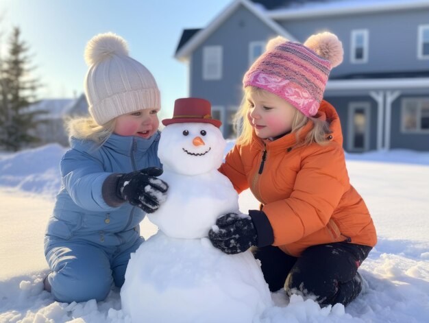 Crianças a construir um boneco de neve num dia de Inverno
