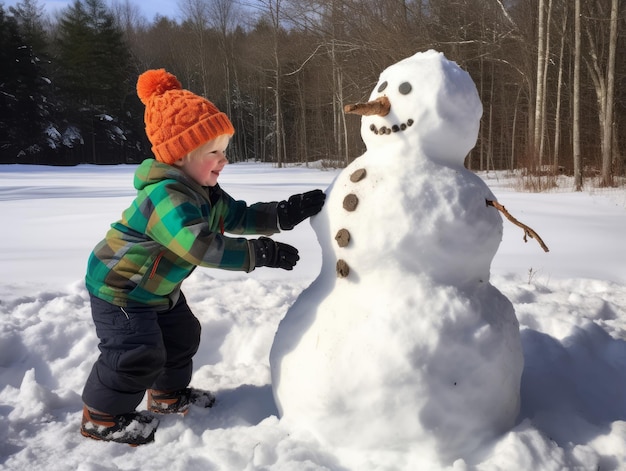 Crianças a construir um boneco de neve num dia de Inverno