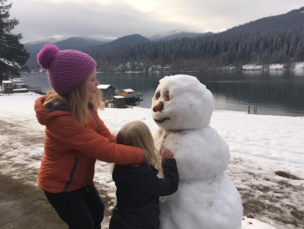 Crianças a construir um boneco de neve num dia de Inverno