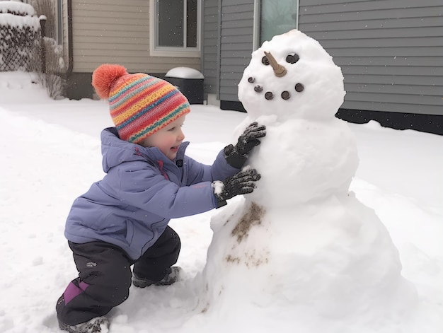 Crianças a construir um boneco de neve num dia de Inverno