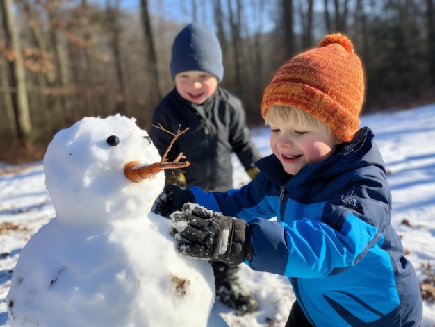 Crianças a construir um boneco de neve num dia de Inverno