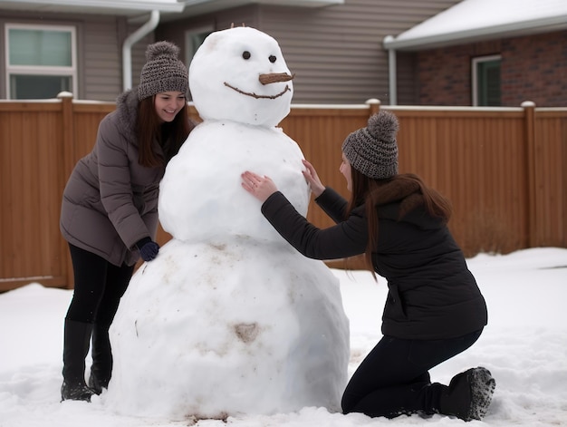 Crianças a construir um boneco de neve num dia de Inverno