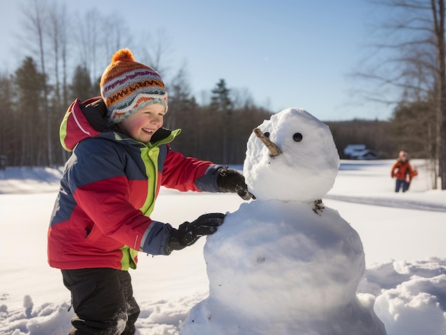 Crianças a construir um boneco de neve num dia de Inverno